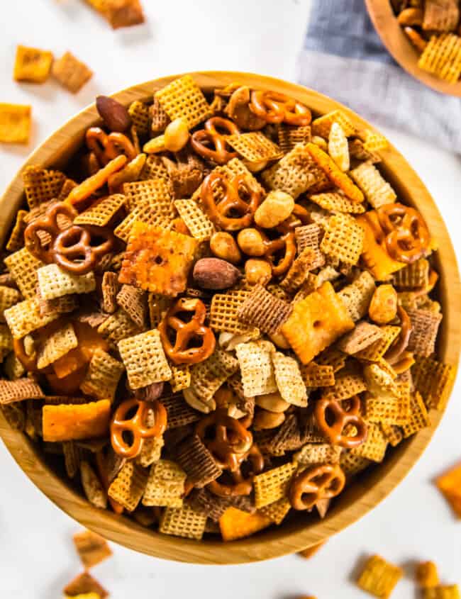 chex mix in a wood bowl