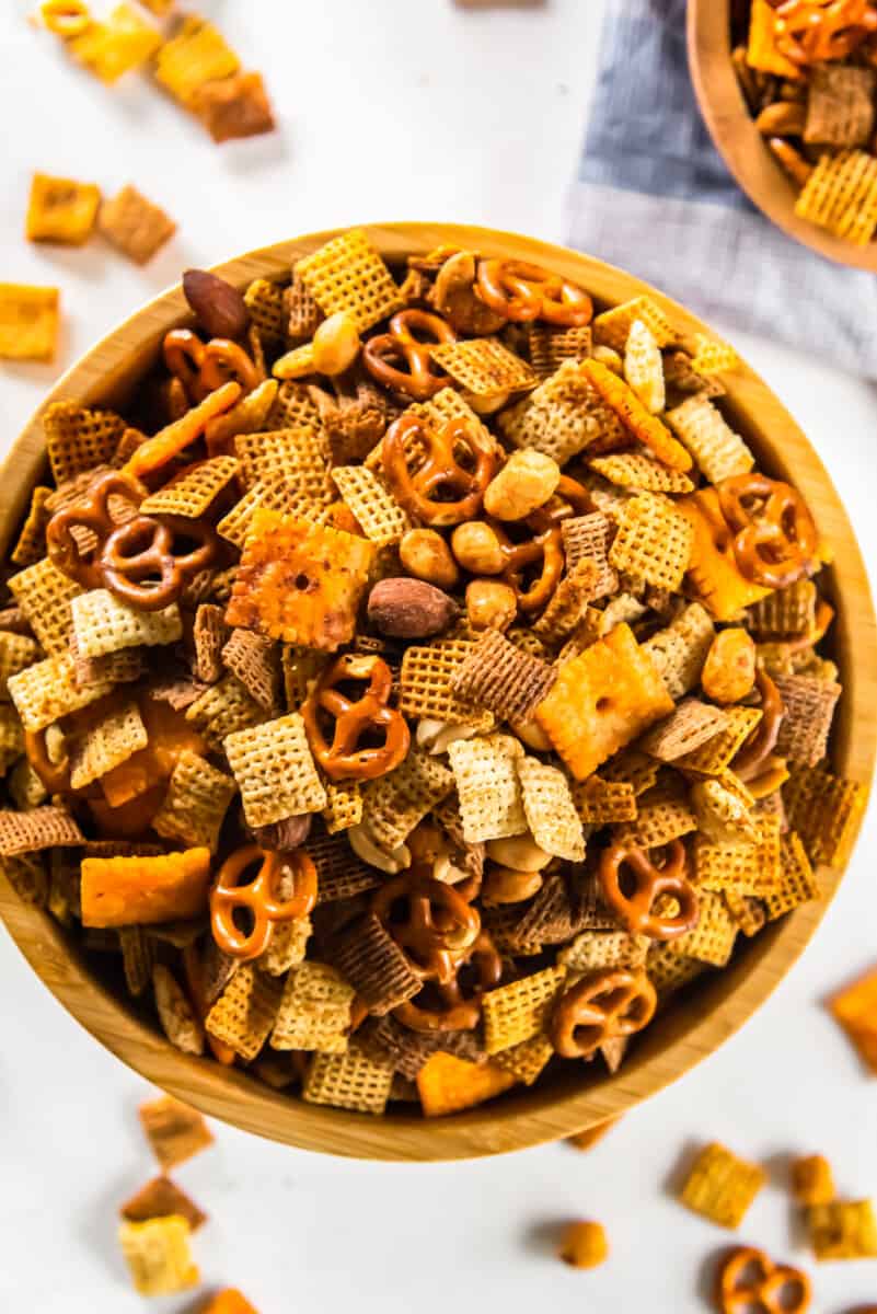 chex mix in a wood bowl