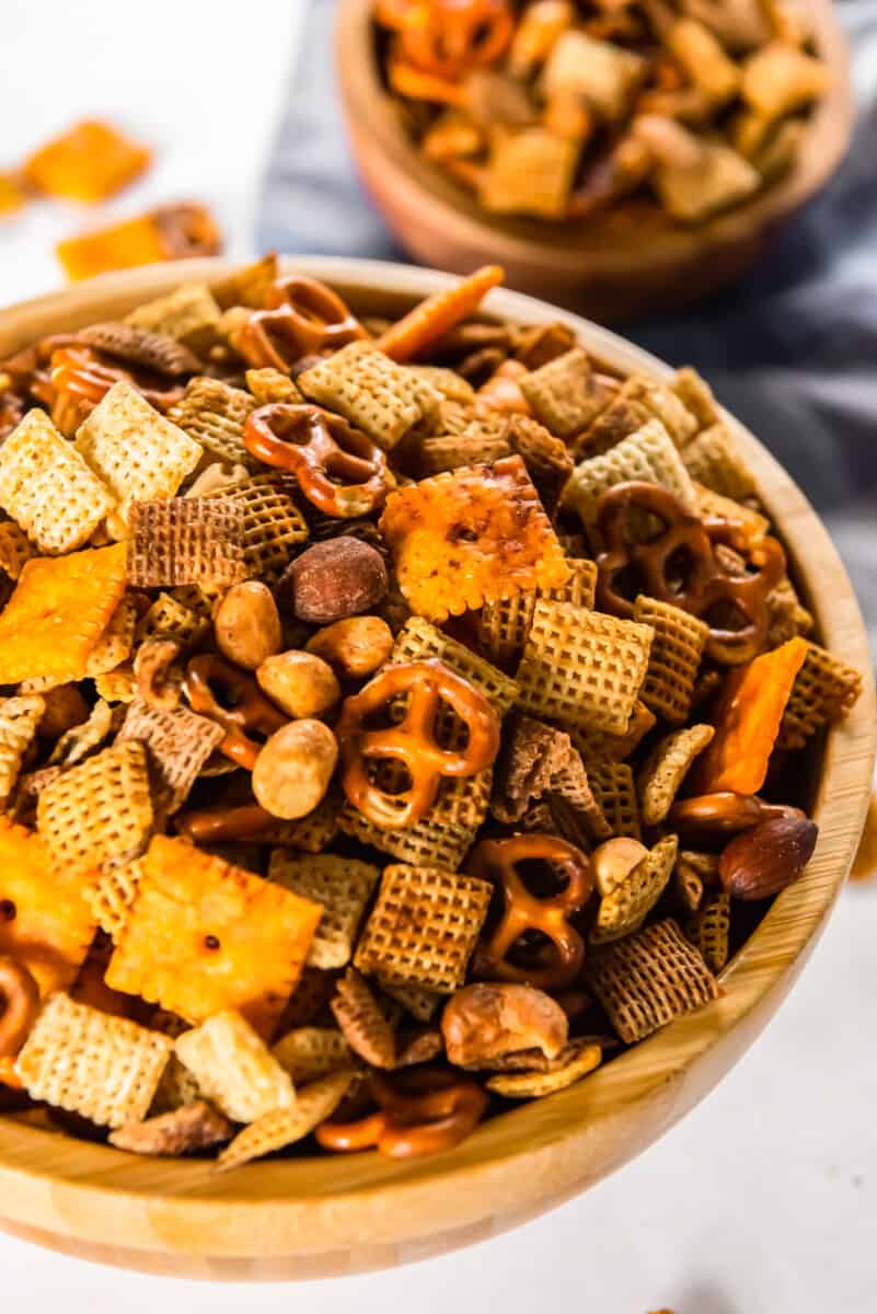 chex mix in a wood bowl