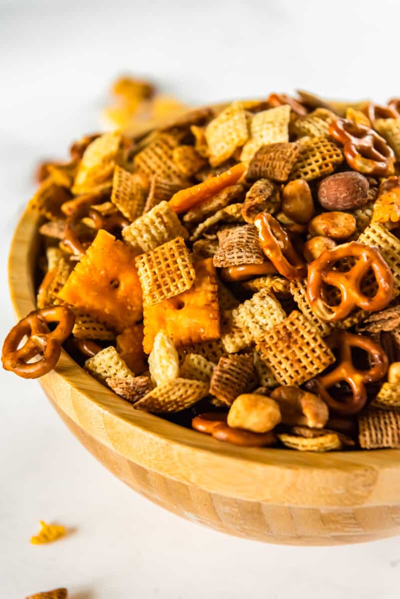 chex mix in a wood bowl