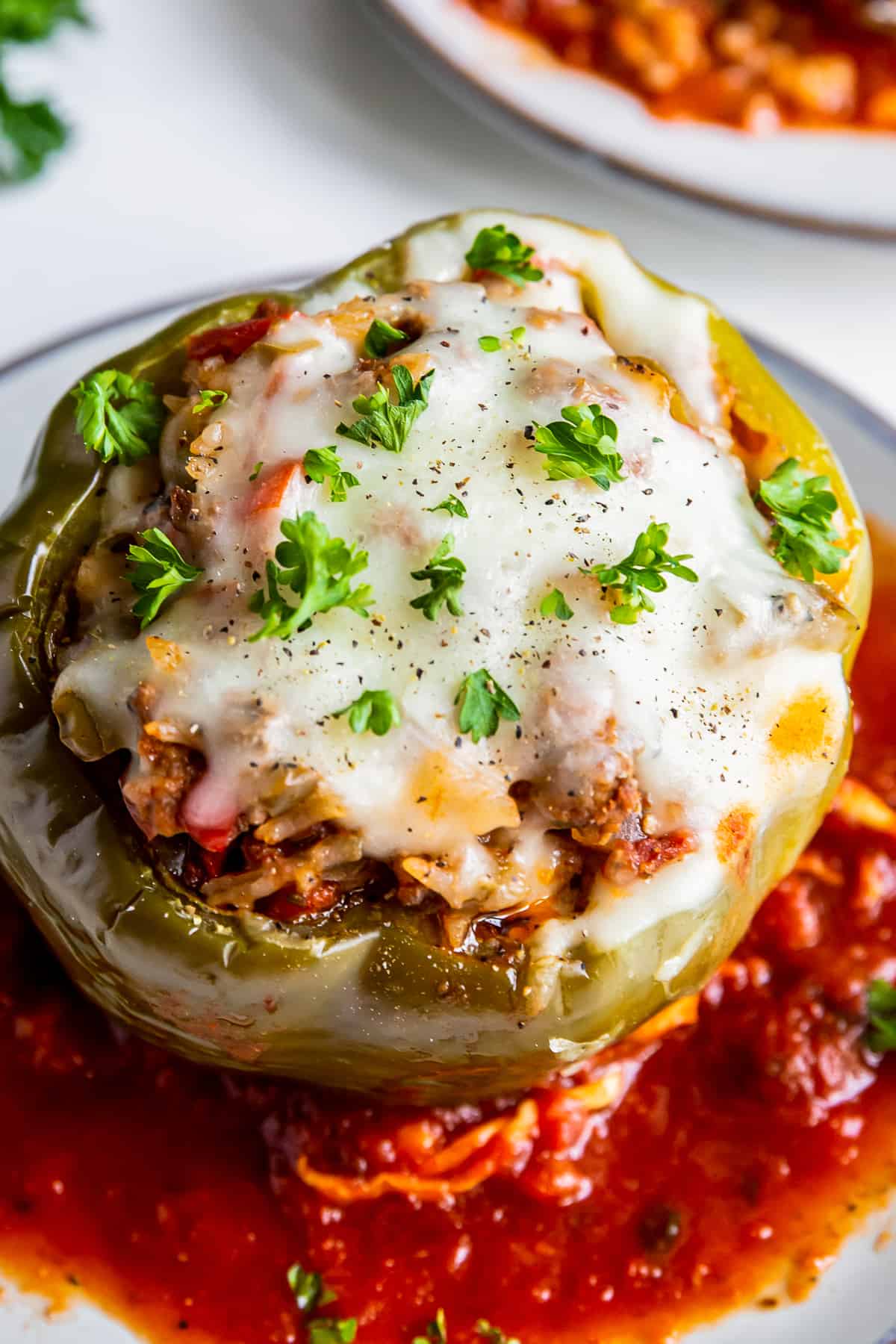 up close crockpot stuffed pepper with sauce on a plate