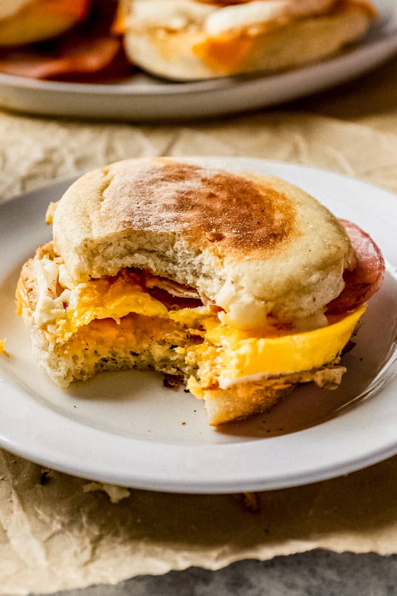 up close bite out of homemade egg mcmuffin