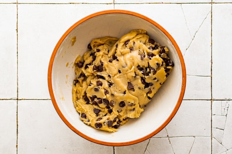 brown butter chocolate chip cookie dough in a bowl
