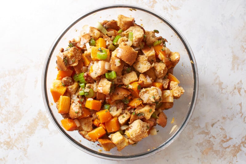 butternut squash stuffing in a glass bowl.