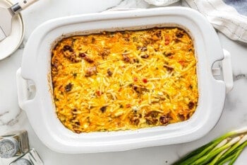 cooked breakfast casserole in shallow white casserole dish