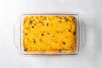 baked sausage cheese breakfast casserole in a glass casserole pan