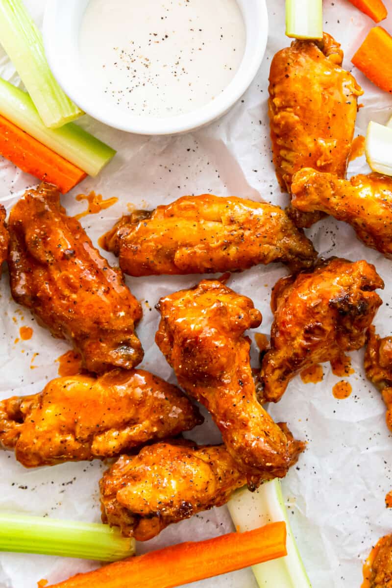 buffalo chicken wings with carrots, celery, and ranch dressing
