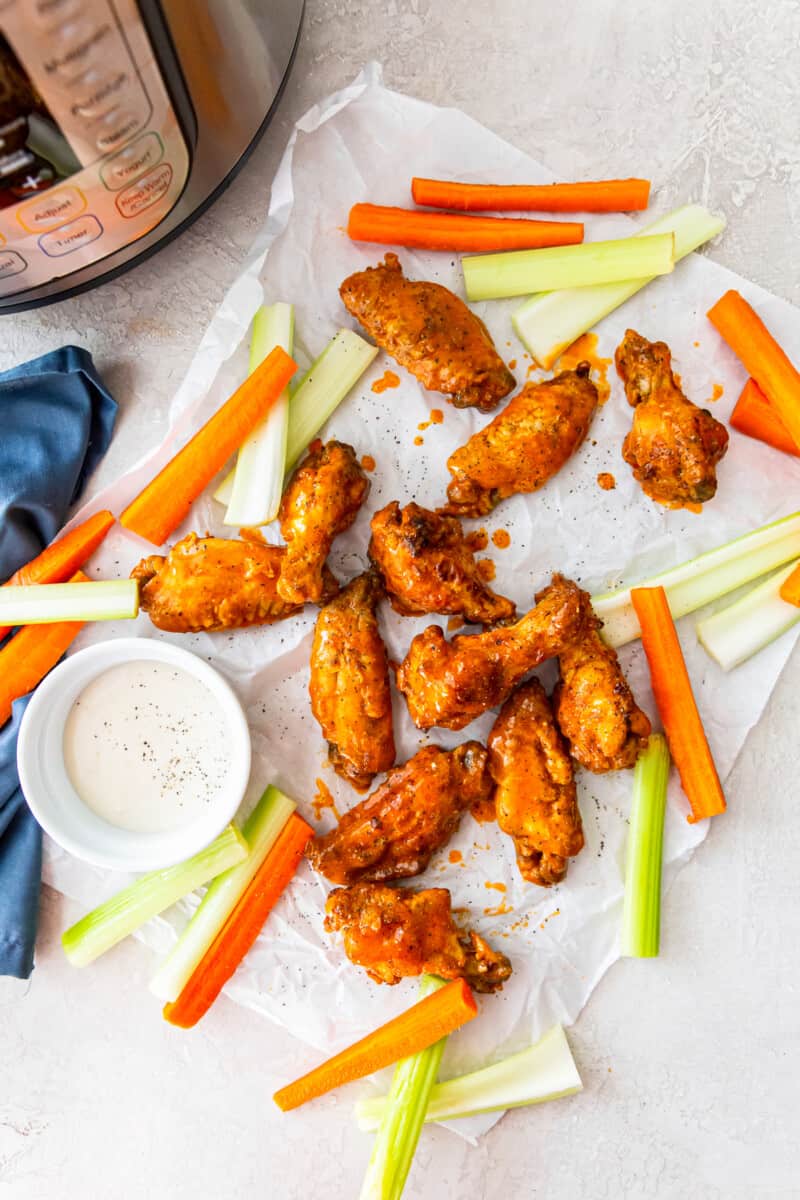 buffalo chicken wings with carrots, celery, and ranch dressing