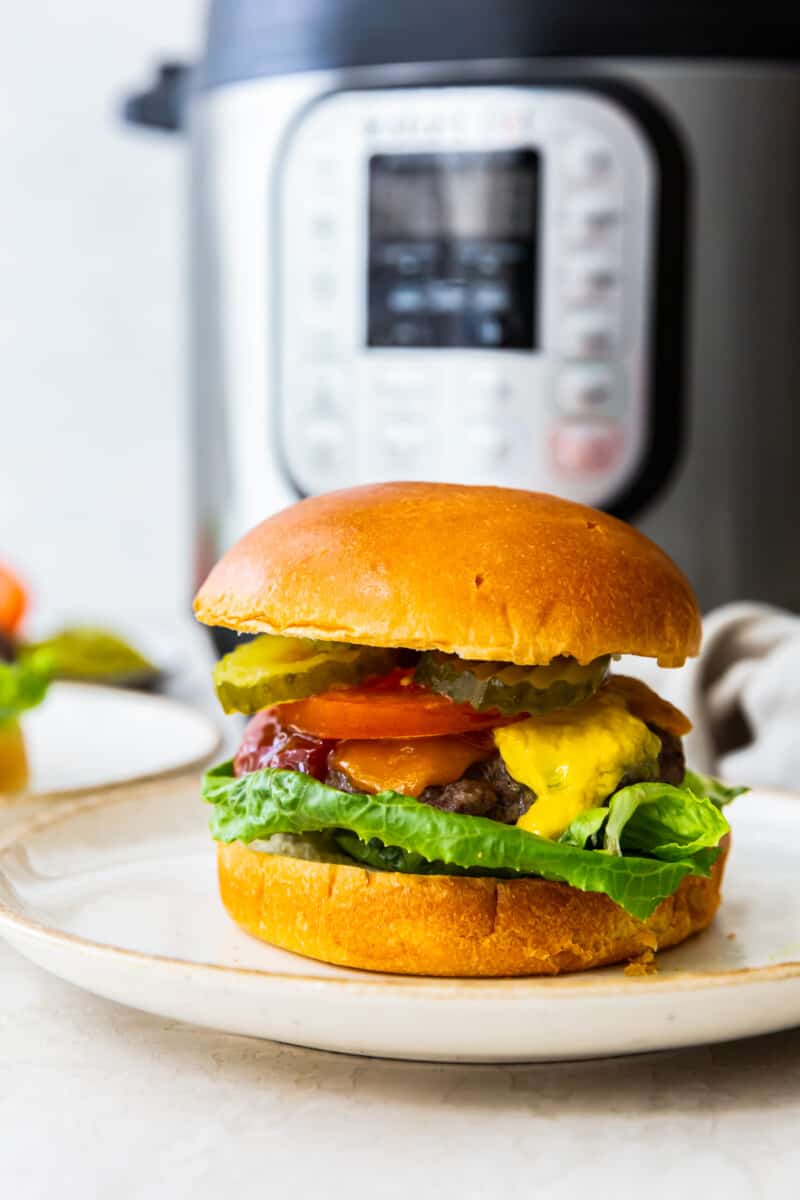 cheeseburger with a bun on a white plate in front of an instant pot