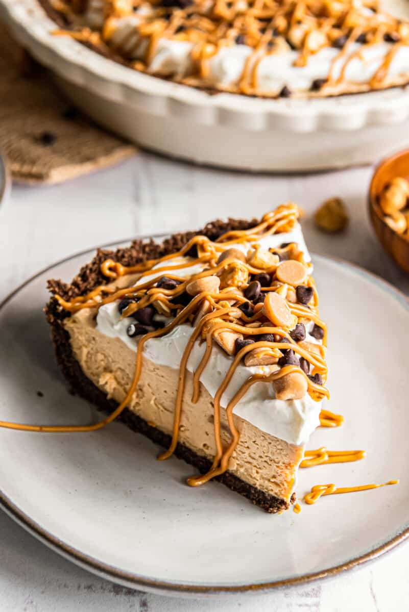 slice of peanut butter pie on a white plate