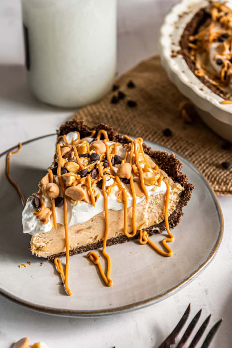 slice of peanut butter pie on a white plate