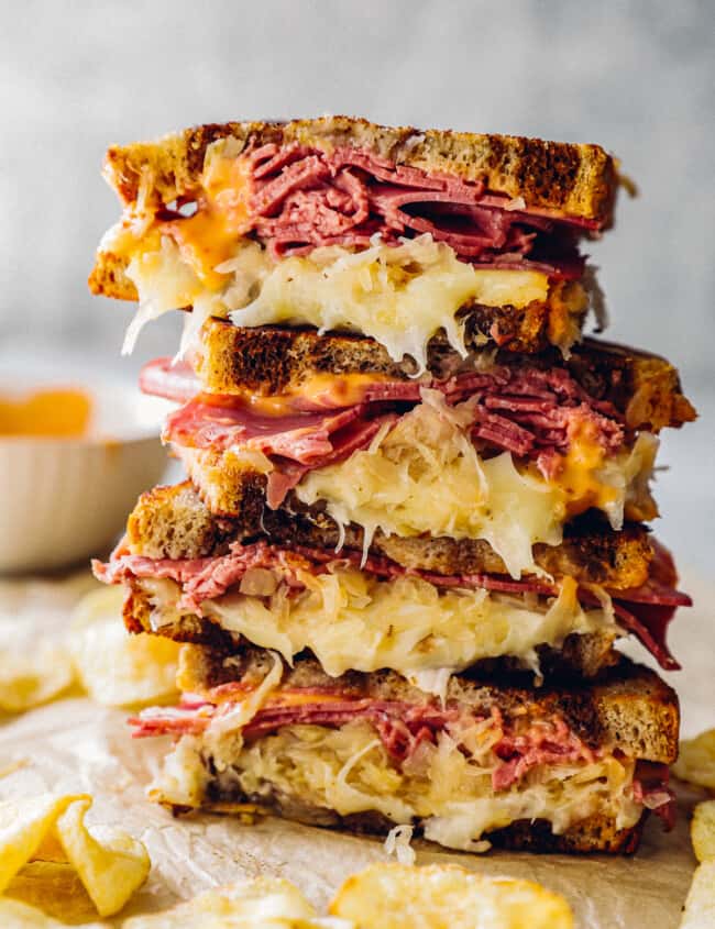 stacked reuben sandwiches