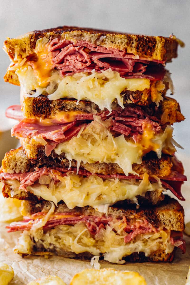 up close stacked reuben sandwiches