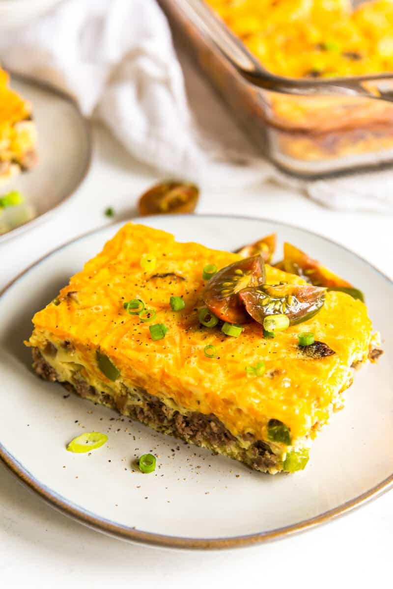 piece of sausage breakfast casserole on a white plate