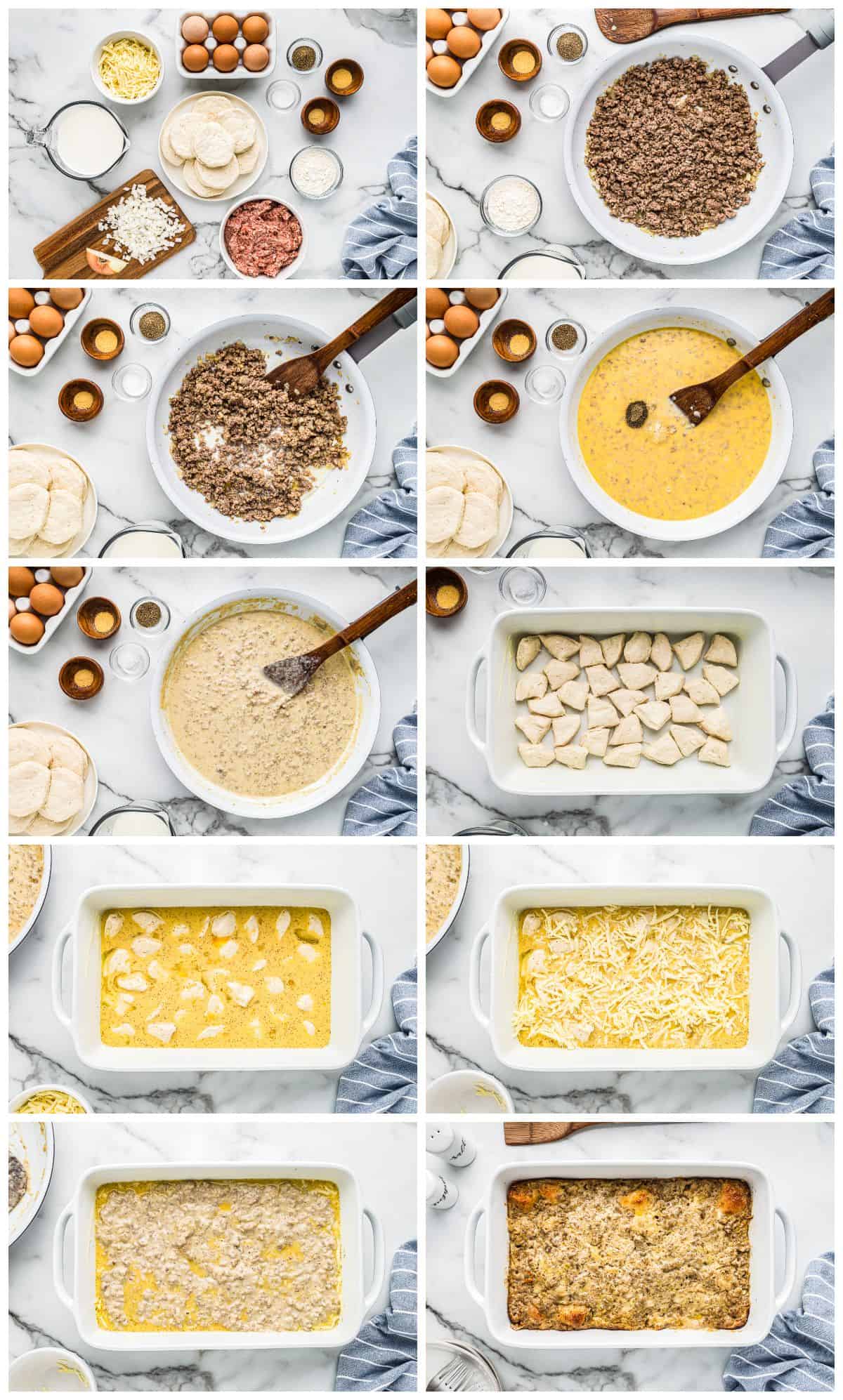 step by step photos for how to make biscuits and gravy casserole