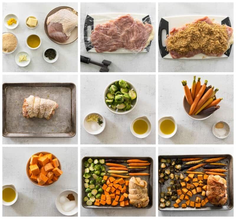 step by step photos for how to make sheet pan thanksgiving dinner with turkey roulade