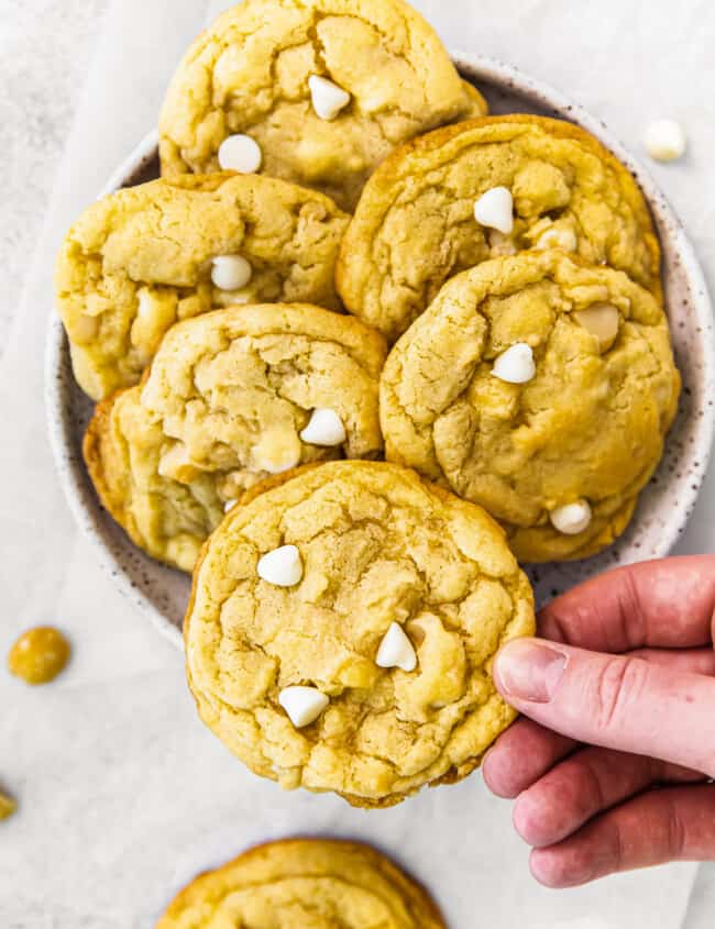 holding up white chocolate macadamia nut cookie with hand