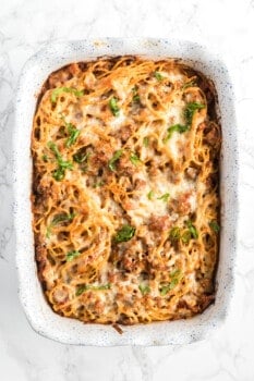 baked spaghetti in a casserole dish