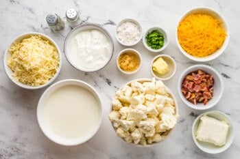 overhead view of ingredients for loaded cauliflower bake.