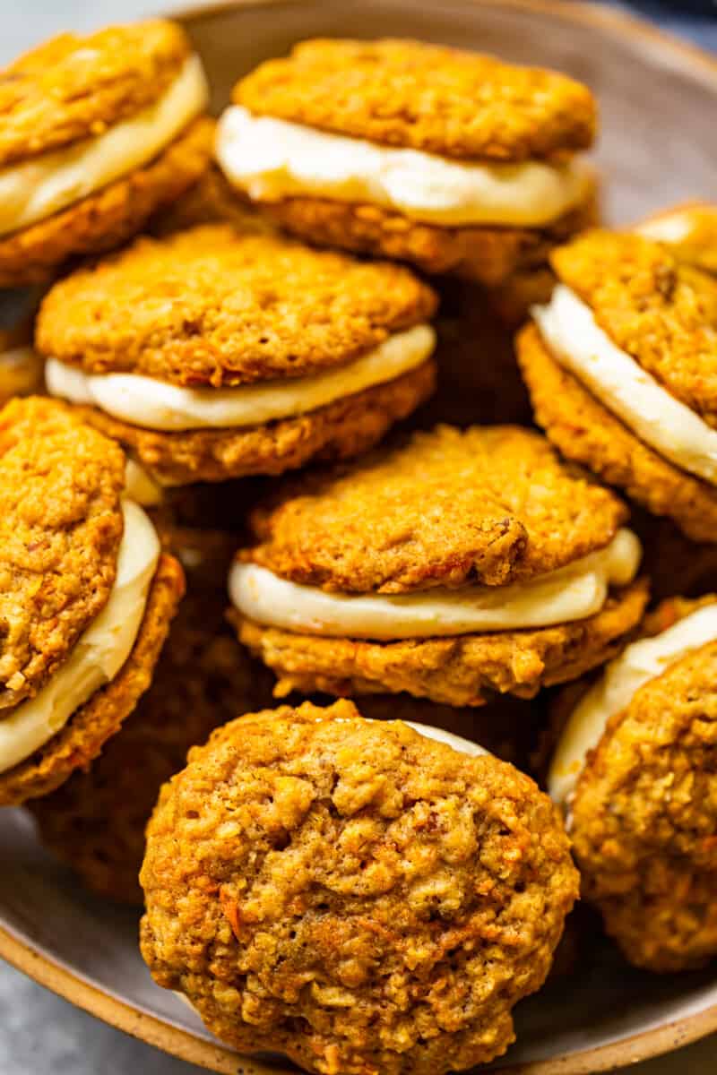 carrot cake sandwich cookies on a serving platter