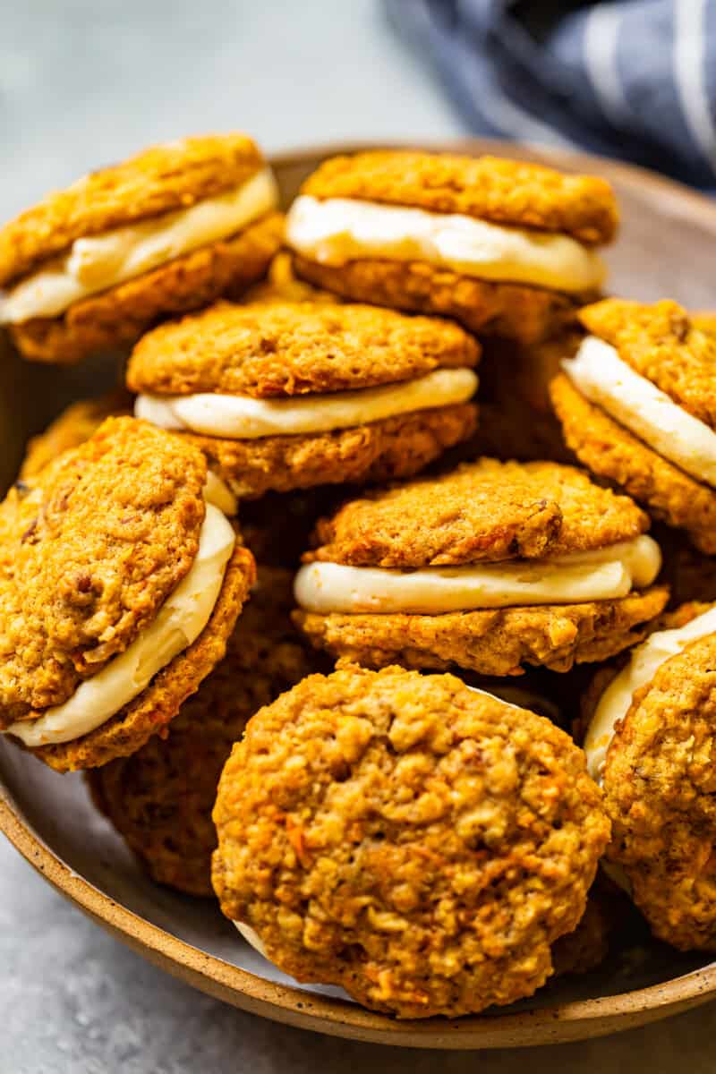 carrot cake sandwich cookies on a serving platter