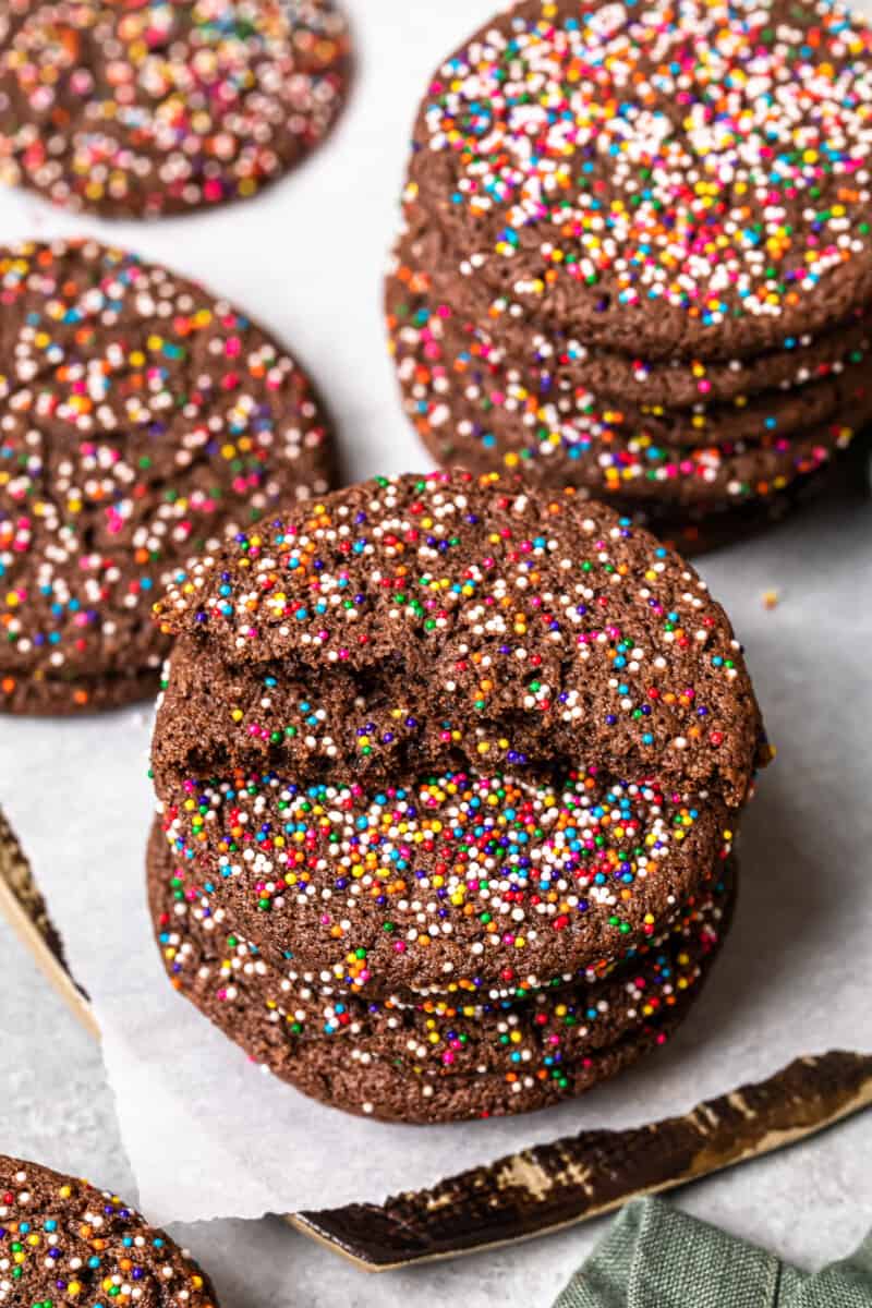 stacks of chocolate butter cookies with sprinkles