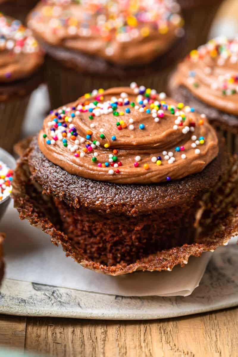 chocolate cupcakes topped with chocolate frosting and sprinkles