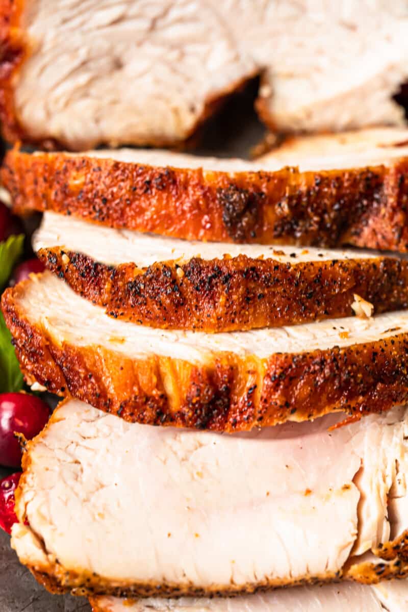 close up image of sliced deep fried turkey