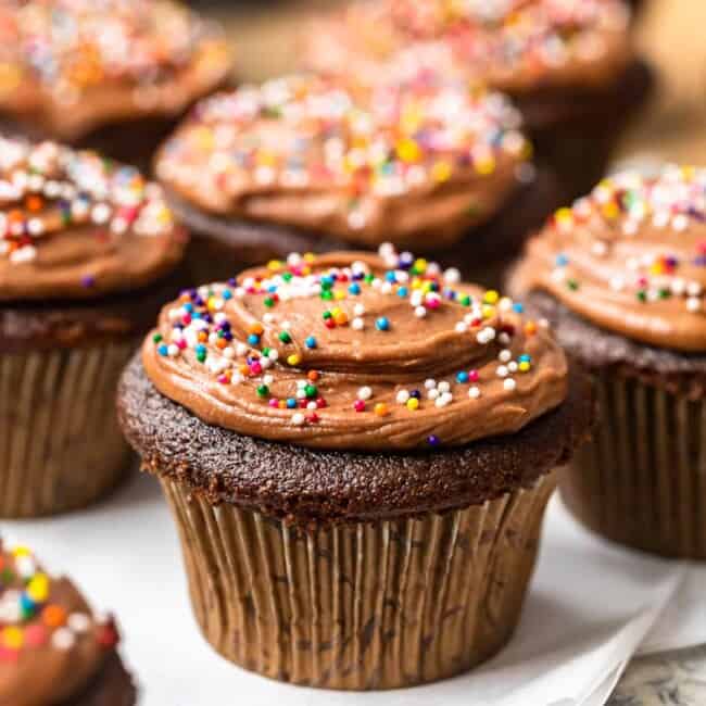 featured chocolate cupcakes with fudge frosting