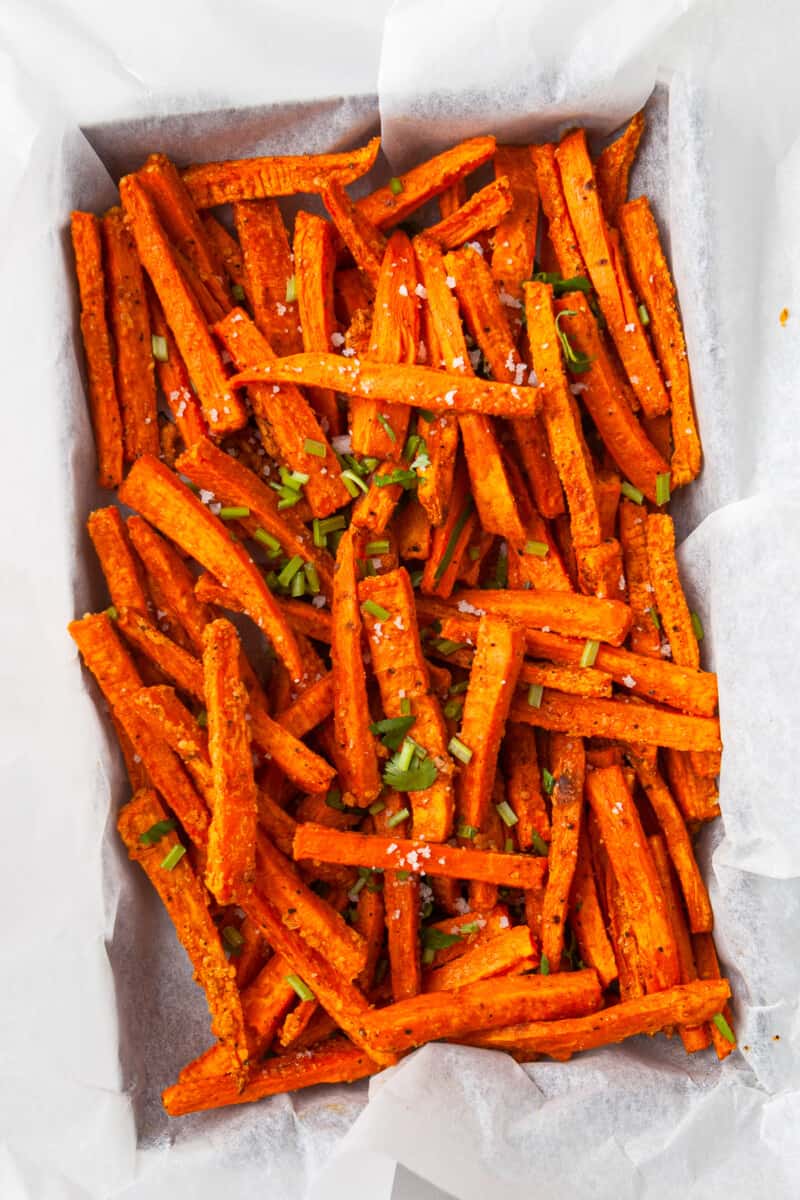 pan of garlic parmesan baked sweet potato fries