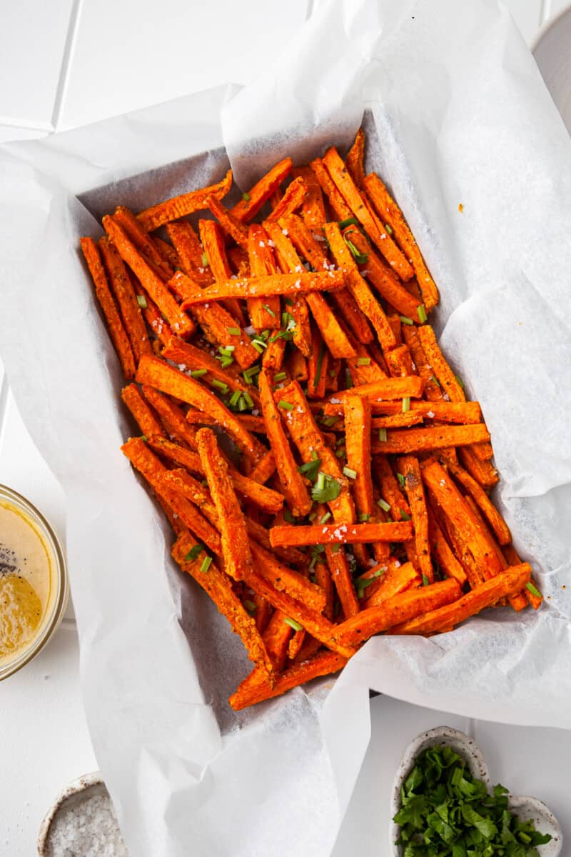 pan of garlic parmesan baked sweet potato fries