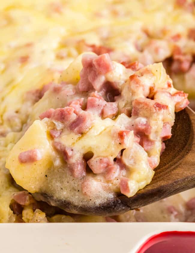 close up image of wood spoon with ham and potato casserole