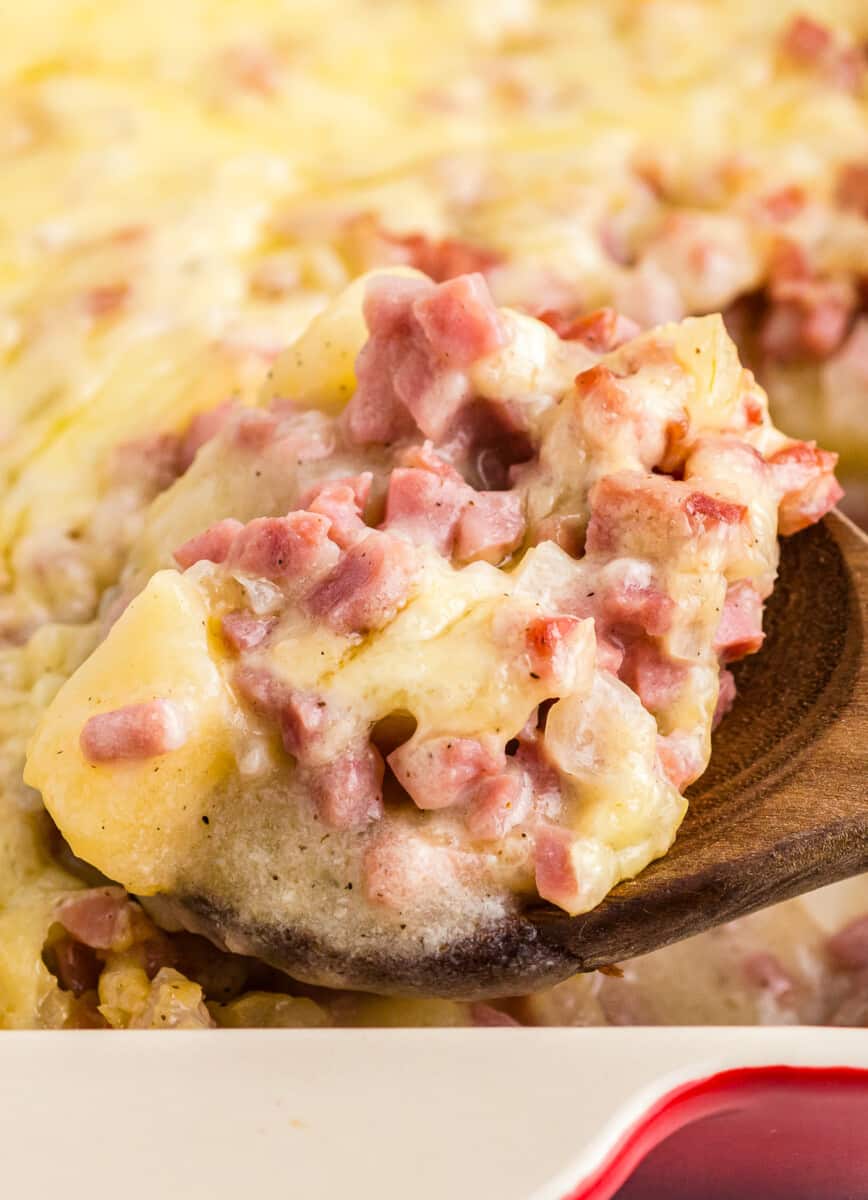close up image of wood spoon with ham and potato casserole