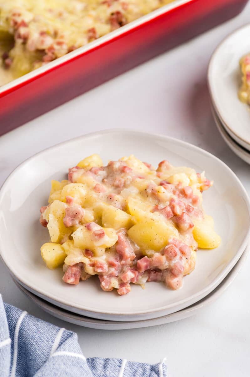 ham and potato casserole on a white plate