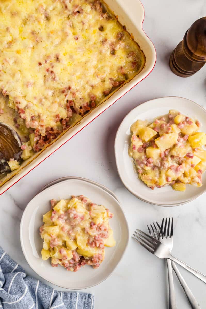 overhead image of 2 white plates with servings of ham and potato casserole