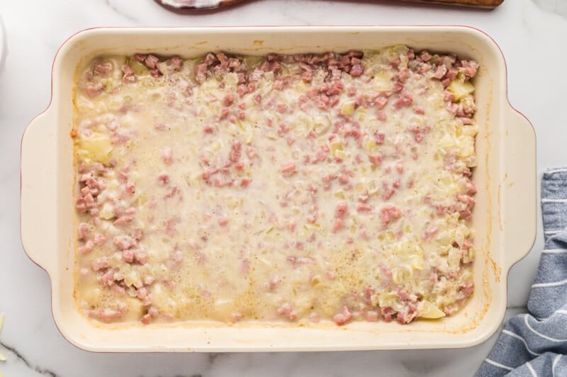 ham and potato casserole after baking before cheese layer
