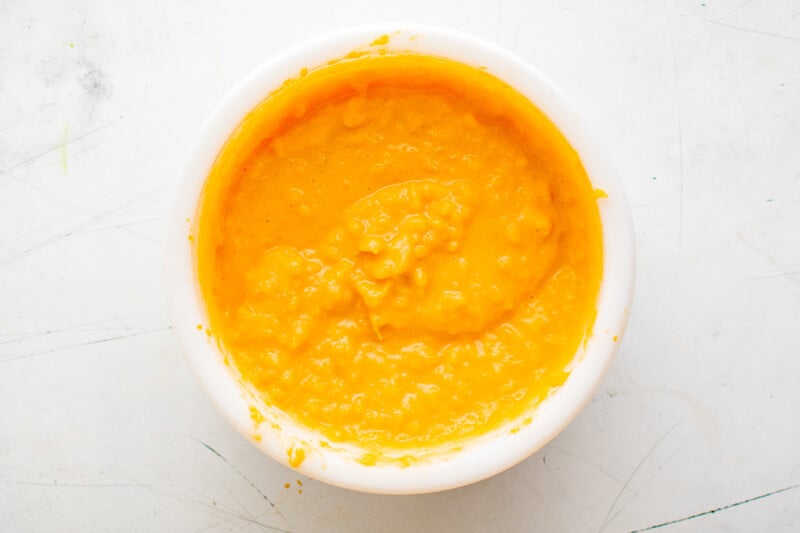 mashed sweet potato mixture in a white bowl