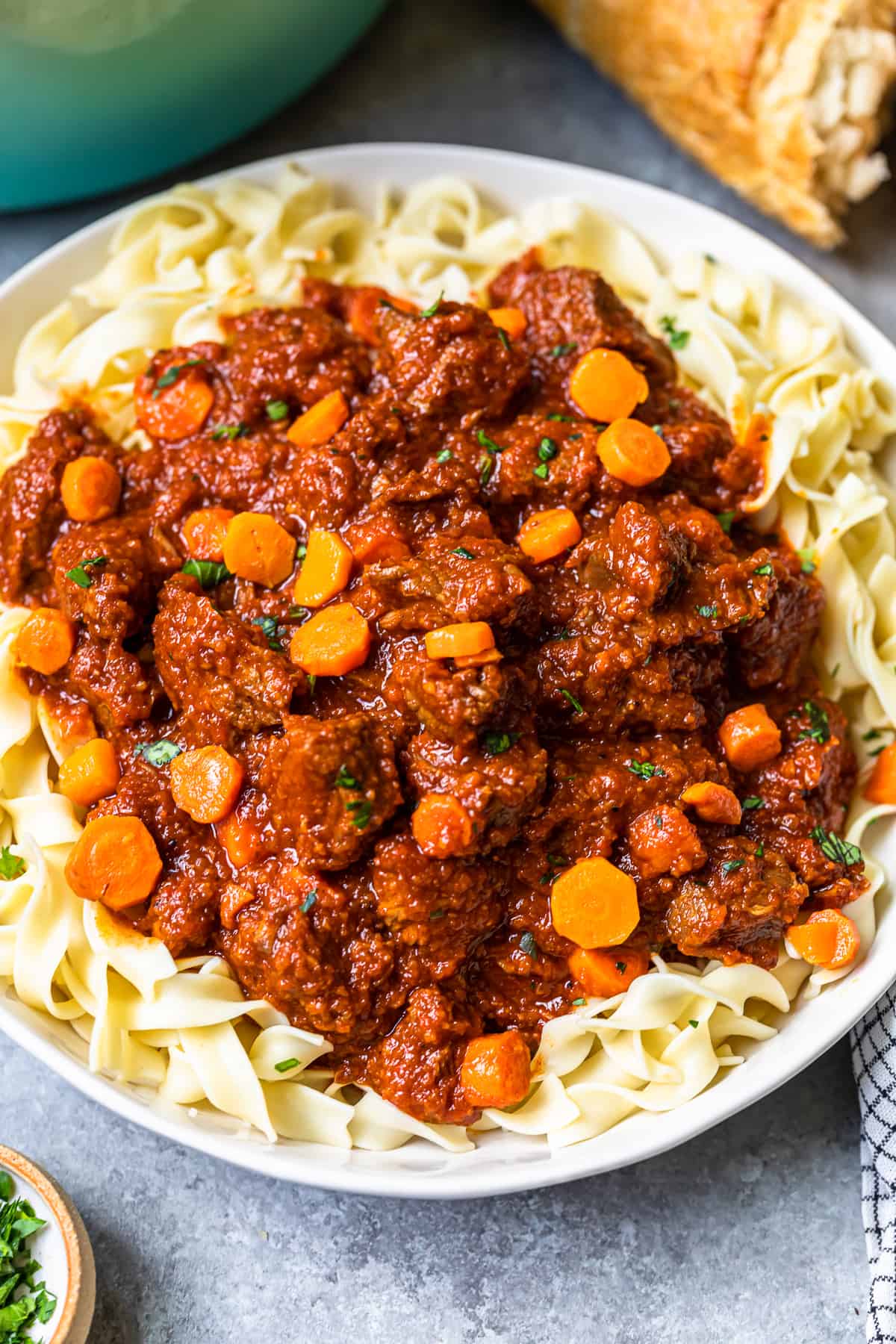 hungarian beef goulash with egg noodles in a serving bowl