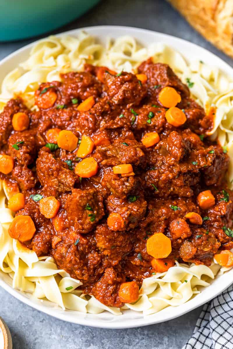 hungarian beef goulash with egg noodles in a serving bowl