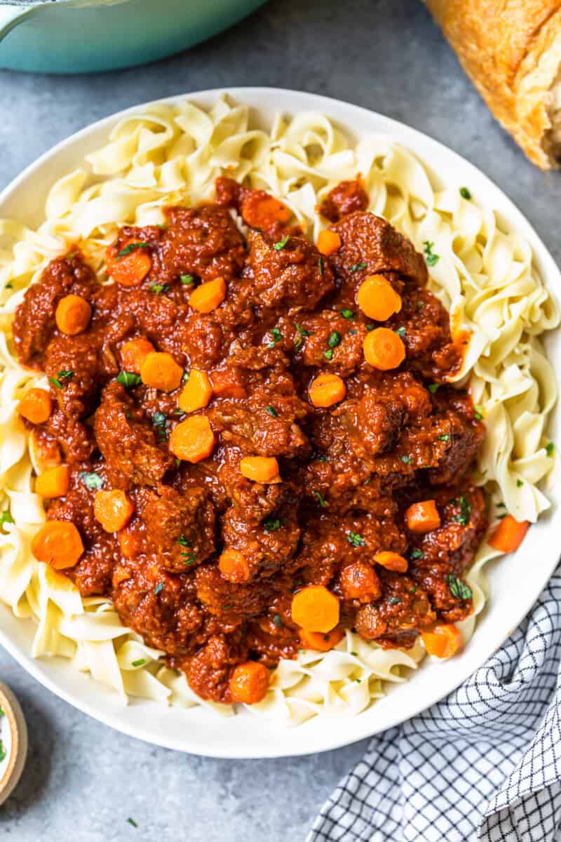 hungarian beef goulash with egg noodles in a serving bowl