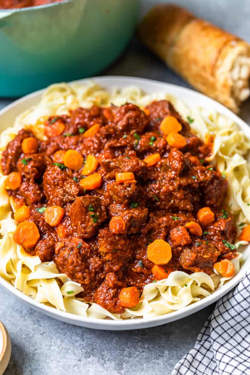 hungarian beef goulash with egg noodles in a serving bowl