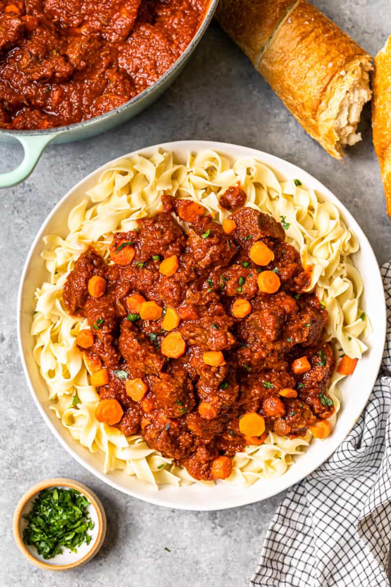 hungarian beef goulash with egg noodles in a serving bowl