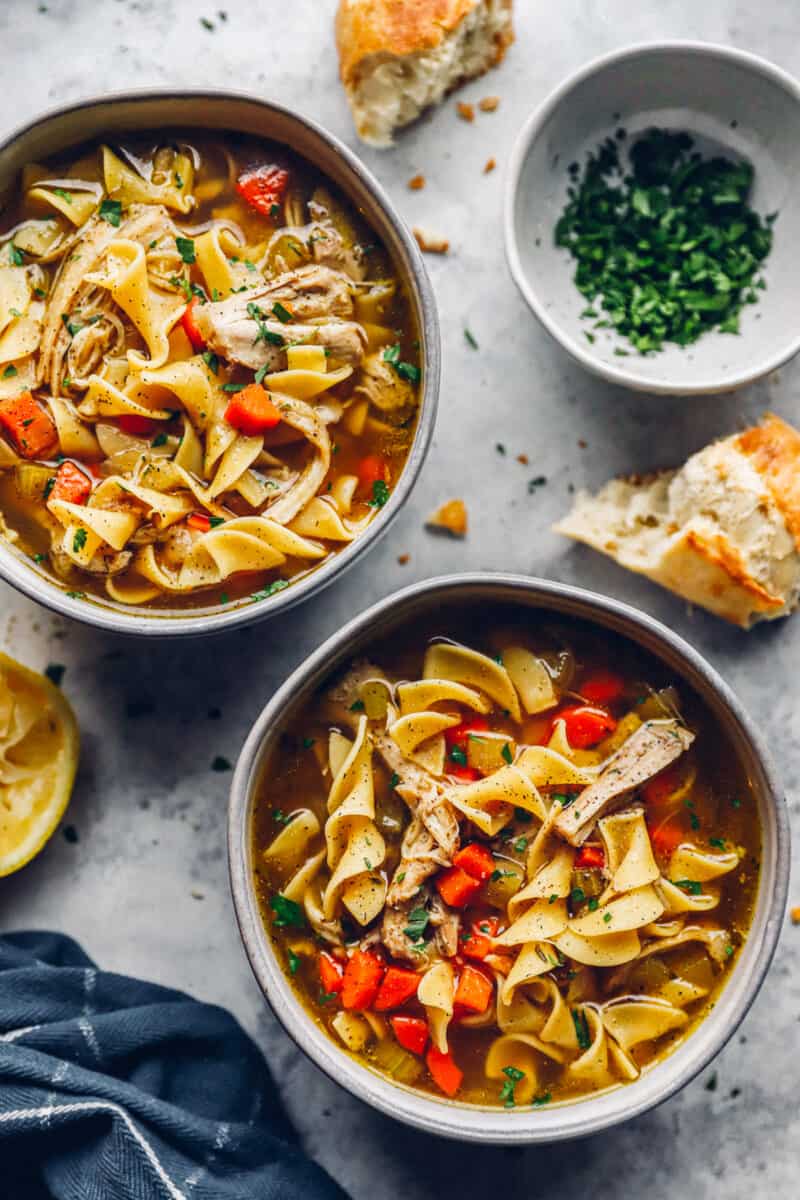 two bowls of instant pot chicken noodle soup