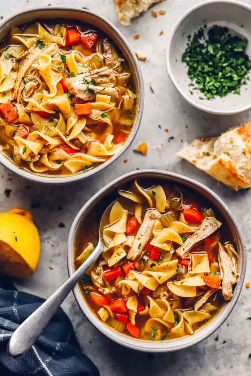two bowls of instant pot chicken noodle soup