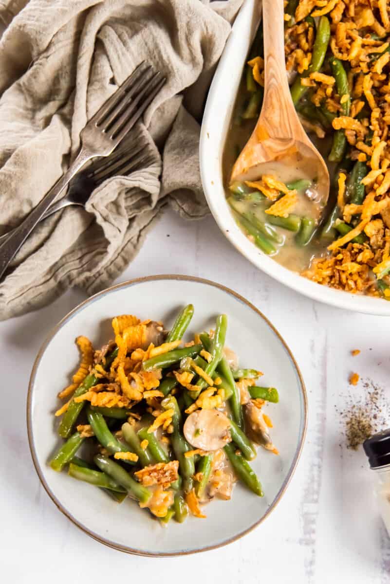 serving of green bean casserole on a white plate