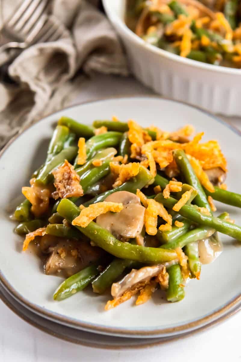 serving of green bean casserole on a white plate