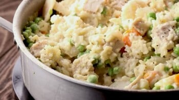 turkey rice casserole mixture in a skillet