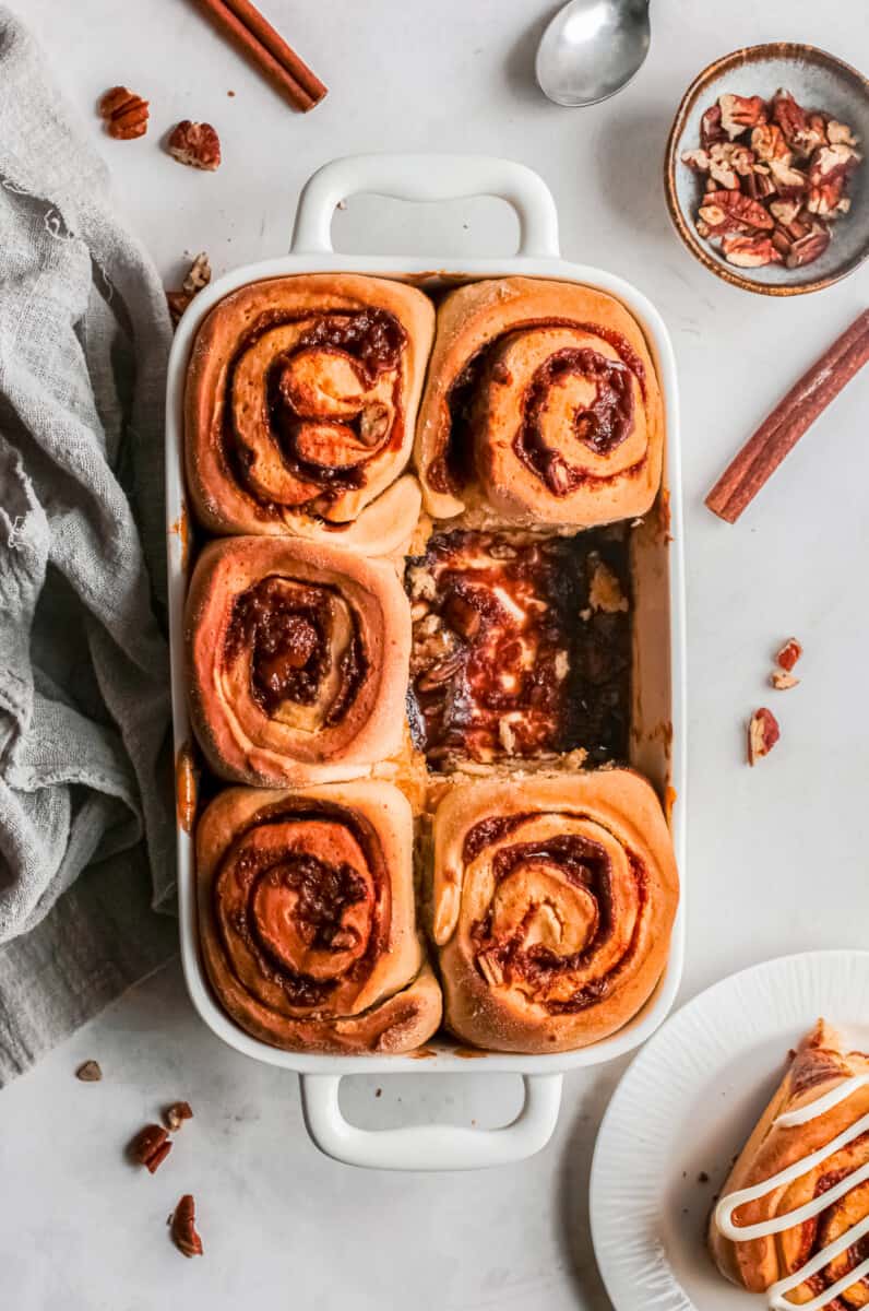 baking dish with pecan caramel rolls