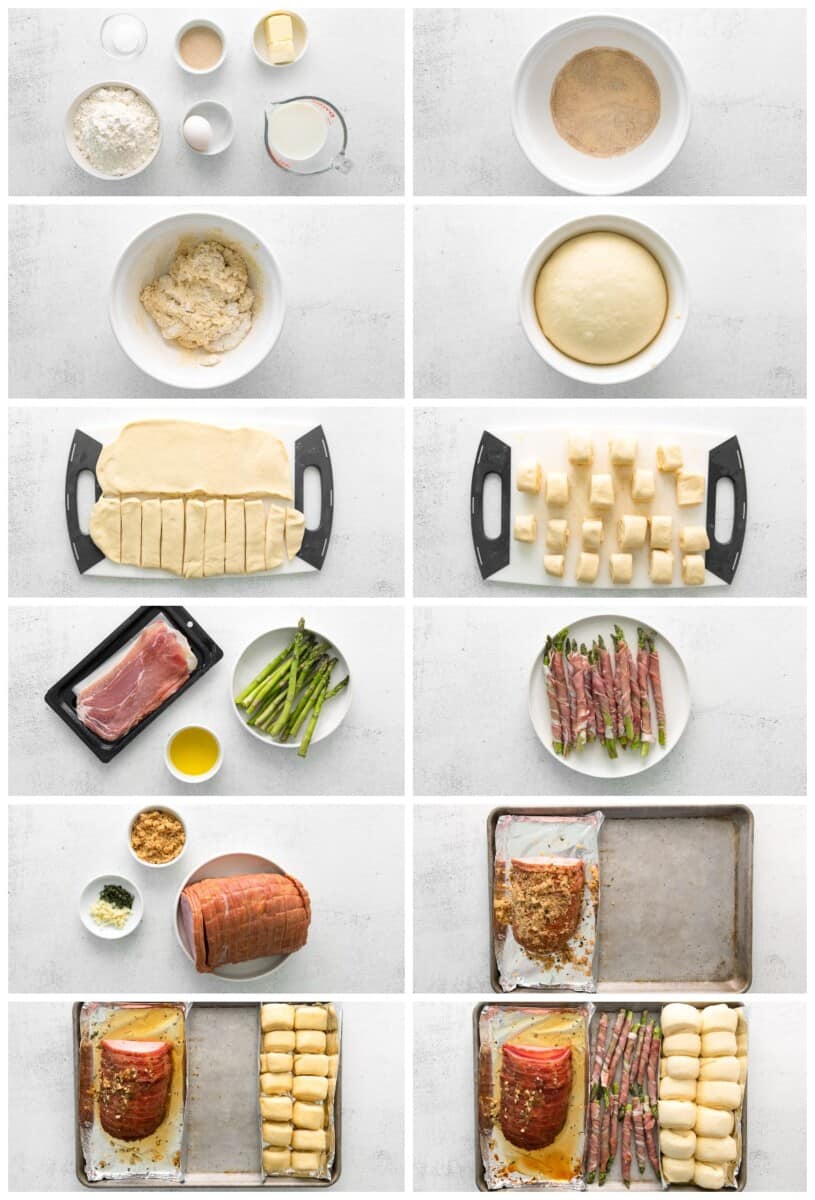 step by step photos for how to make sheet pan christmas dinner with ham