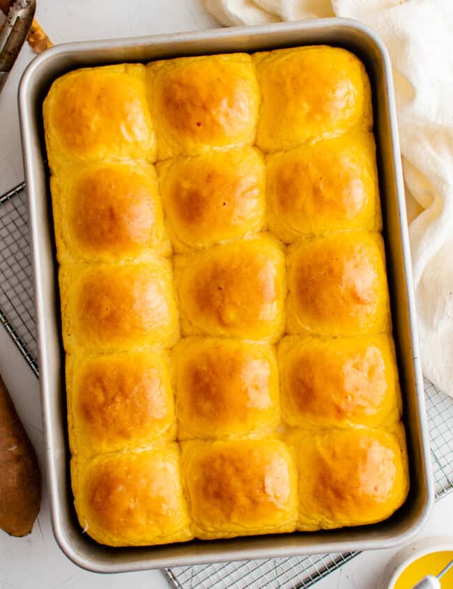 overhead image of sweet potato rolls after baking in a baking dish